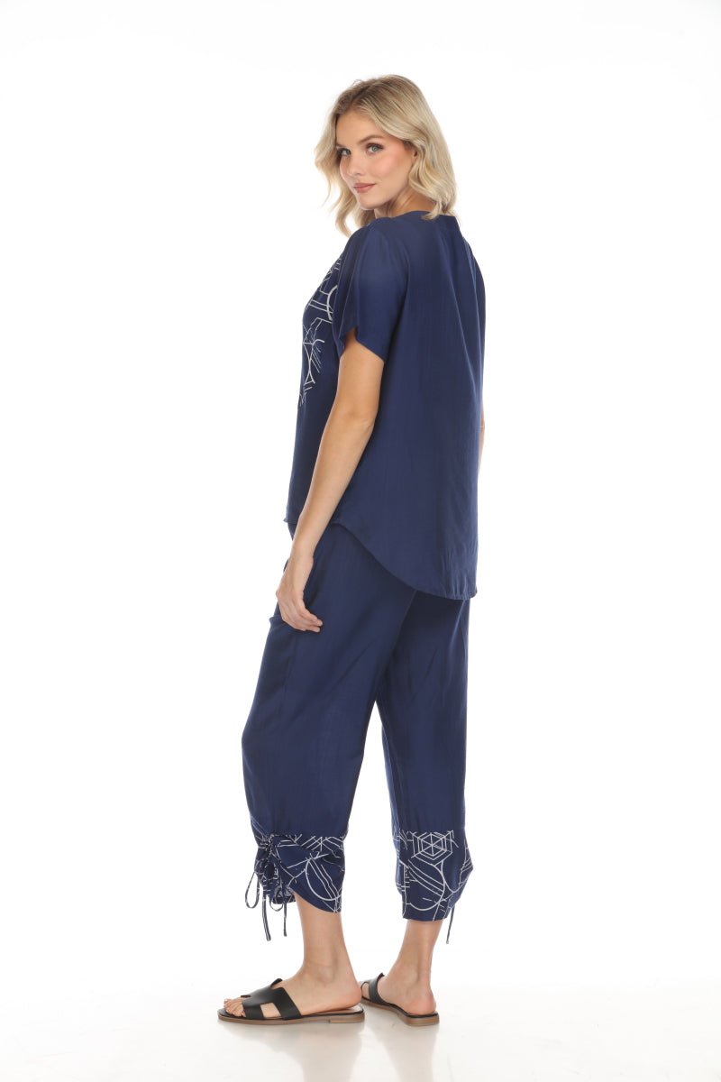 Navy Abstract Print Top Button Detailed