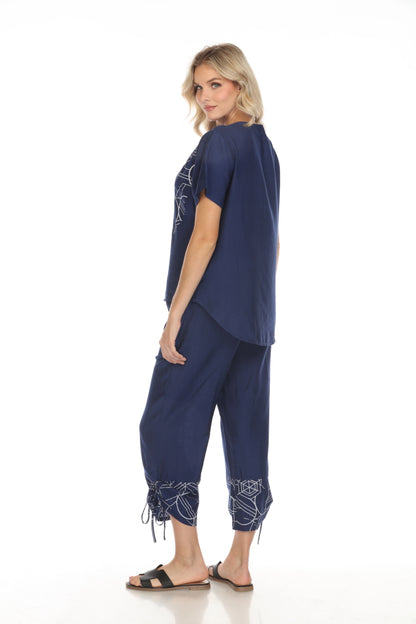 Navy Abstract Print Top Button Detailed