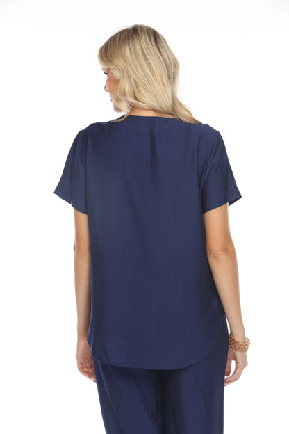 Navy Abstract Print Top Button Detailed