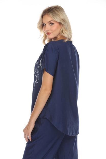 Navy Abstract Print Top Button Detailed