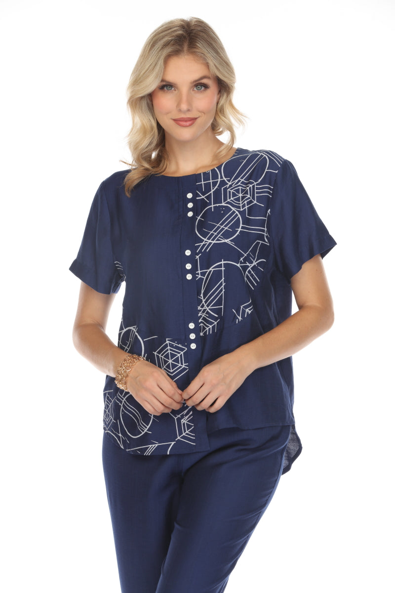 Navy Abstract Print Top Button Detailed