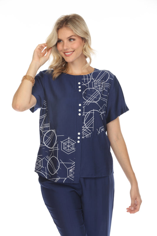 Navy Abstract Print Top Button Detailed