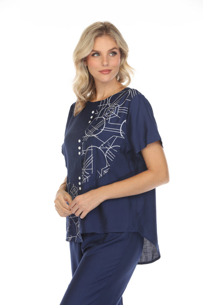 Navy Abstract Print Top Button Detailed
