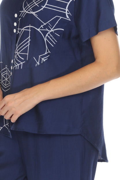Navy Abstract Print Top Button Detailed