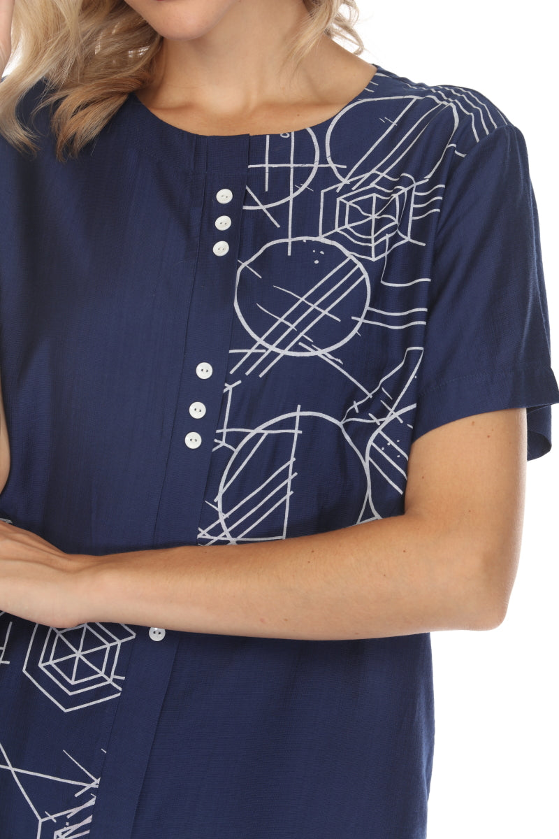 Navy Abstract Print Top Button Detailed