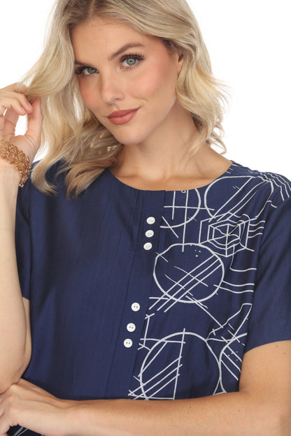 Navy Abstract Print Top Button Detailed