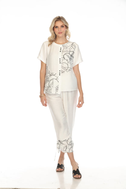 White Abstract Button Detailed Top
