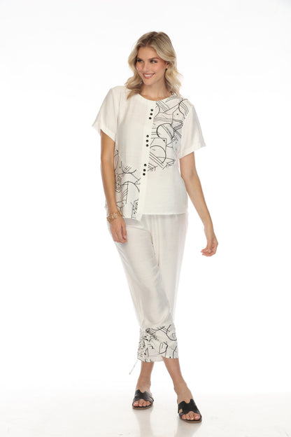 White Abstract Button Detailed Top