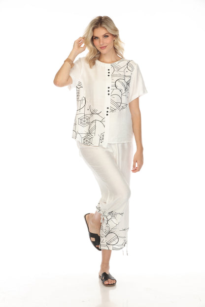 White Abstract Button Detailed Top