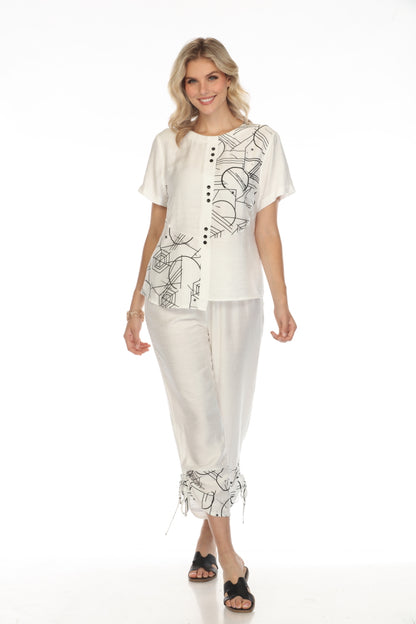 White Abstract Button Detailed Top