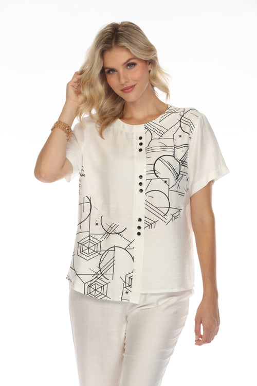 White Abstract Button Detailed Top
