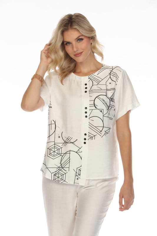 White Abstract Button Detailed Top