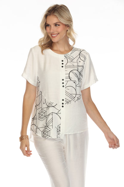 White Abstract Button Detailed Top