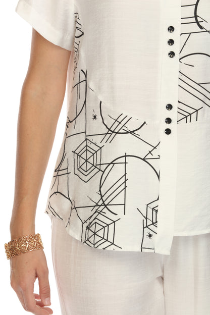 White Abstract Button Detailed Top