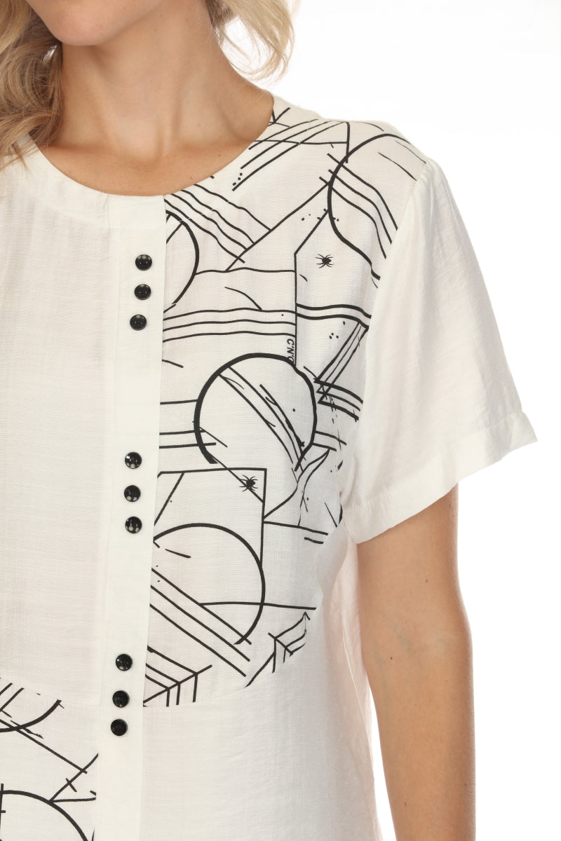 White Abstract Button Detailed Top