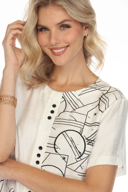 White Abstract Button Detailed Top