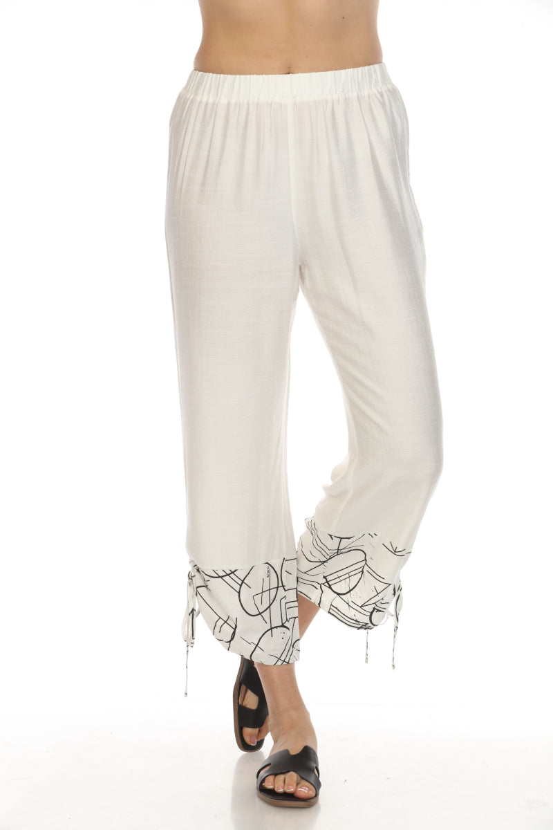 White Abstract Print Tie Pant