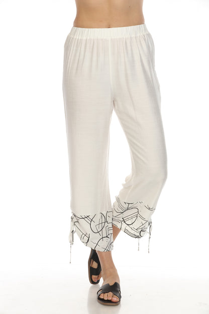 White Abstract Print Tie Pant