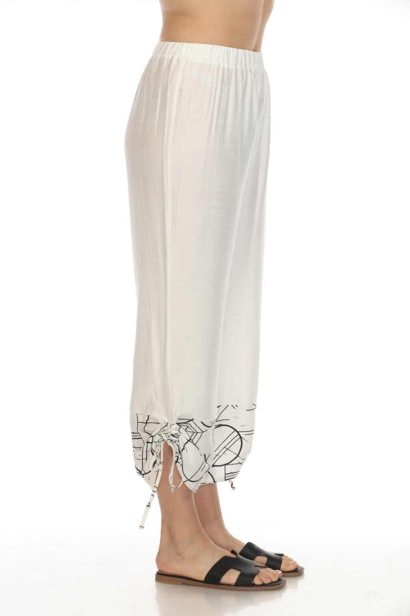 White Abstract Print Tie Pant