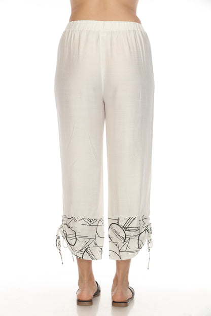 White Abstract Print Tie Pant