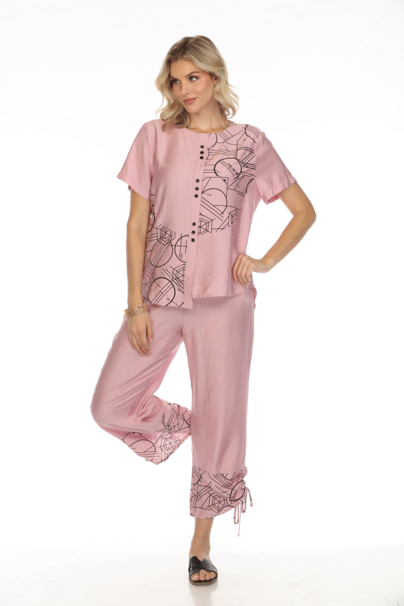 Blush Pink Abstract Print Button Detailed Top