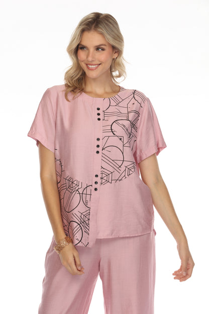 Blush Pink Abstract Print Button Detailed Top