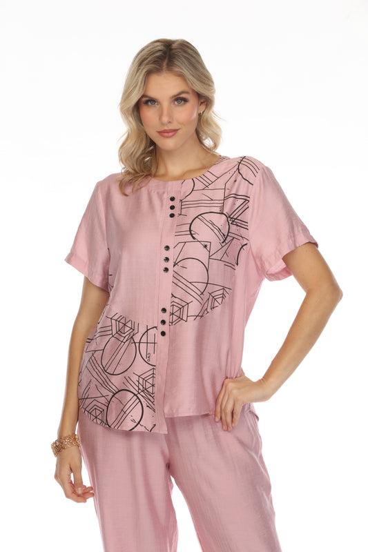 Blush Pink Abstract Print Button Detailed Top