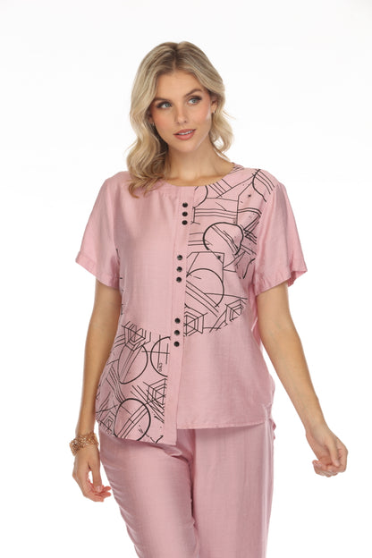 Blush Pink Abstract Print Button Detailed Top
