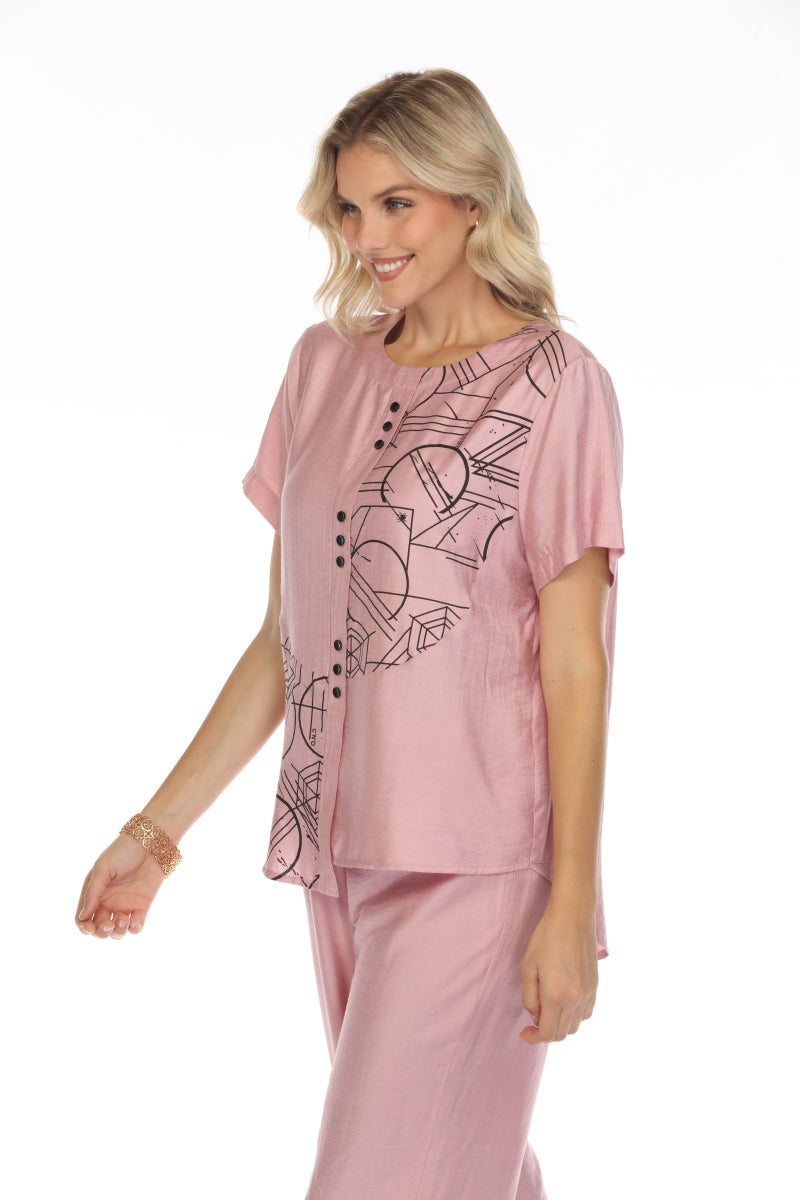 Blush Pink Abstract Print Button Detailed Top