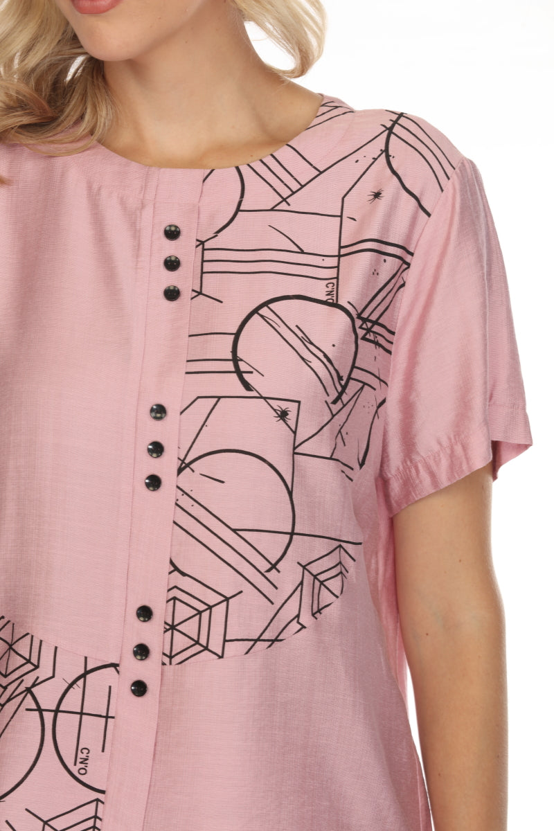 Blush Pink Abstract Print Button Detailed Top