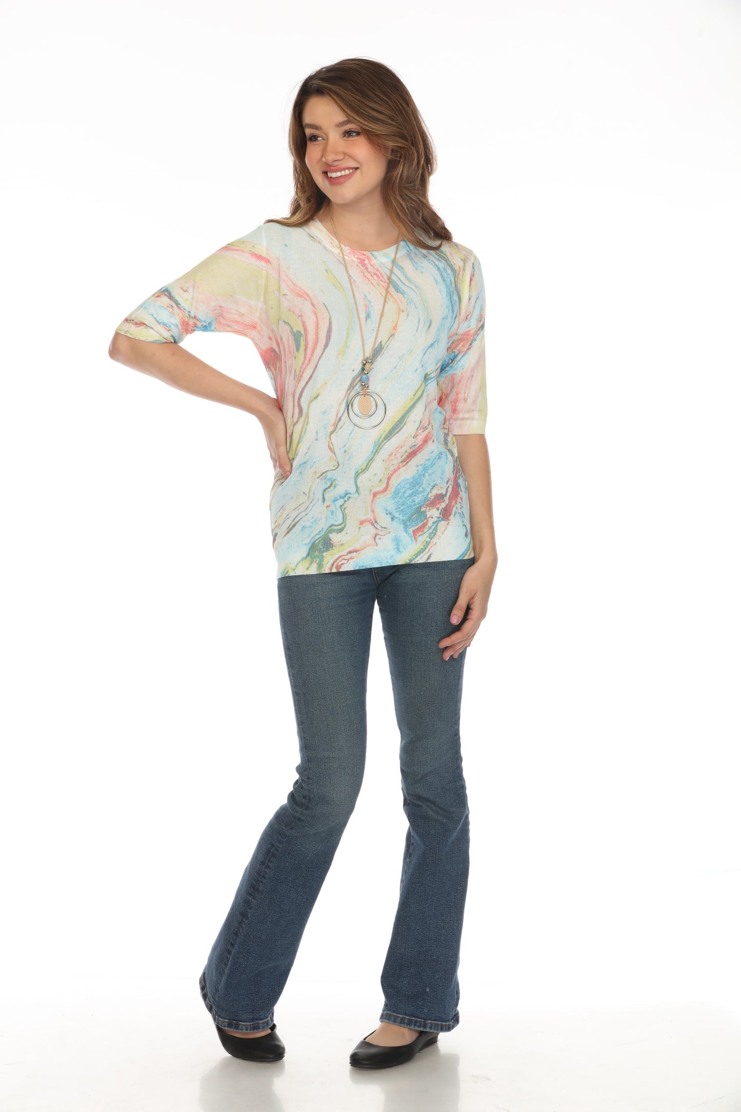 Colorful Waves Print Mesh Top