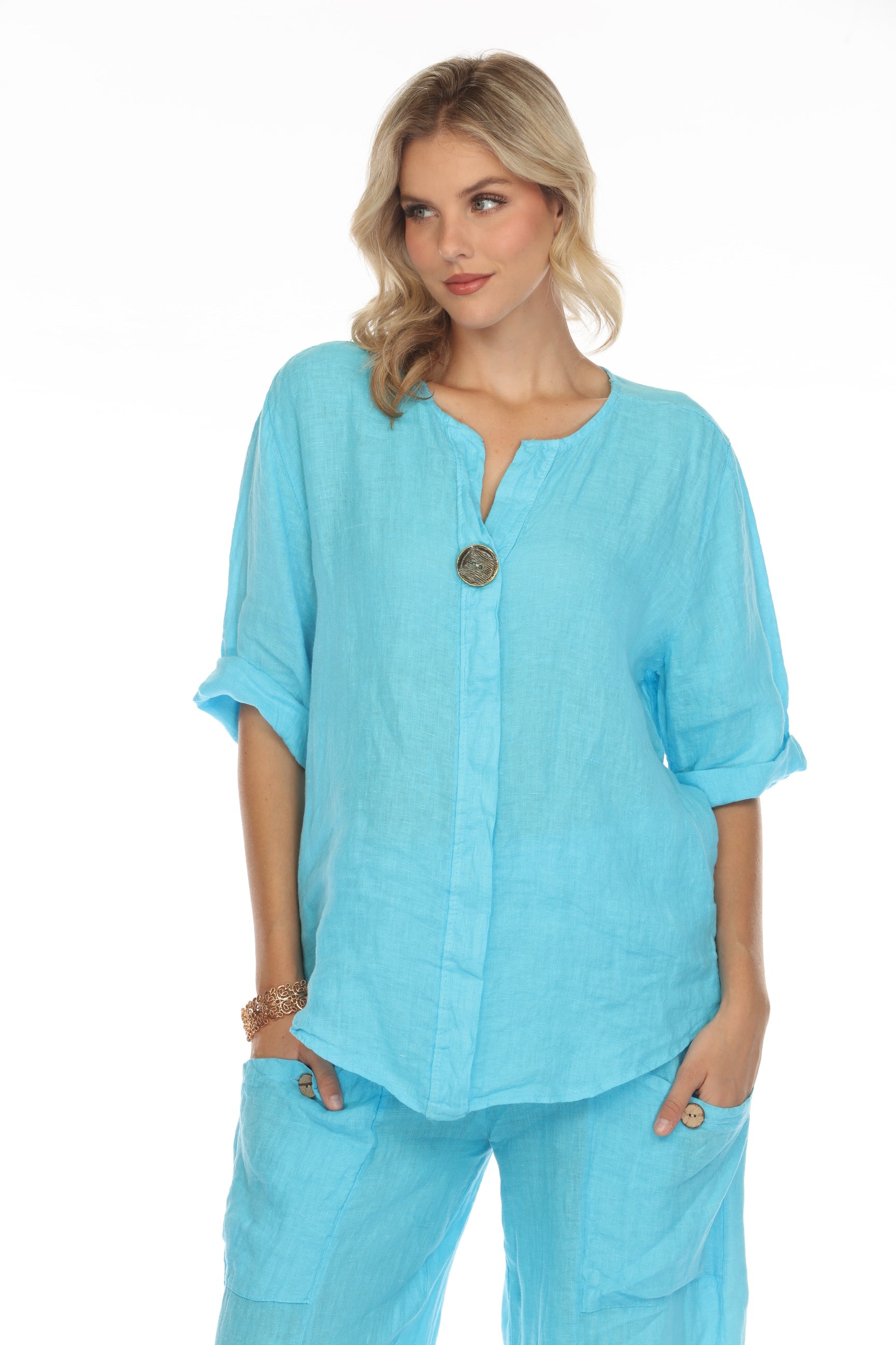 Ocean Blue Bronze Button 3/4 Rollup Sleeves Top