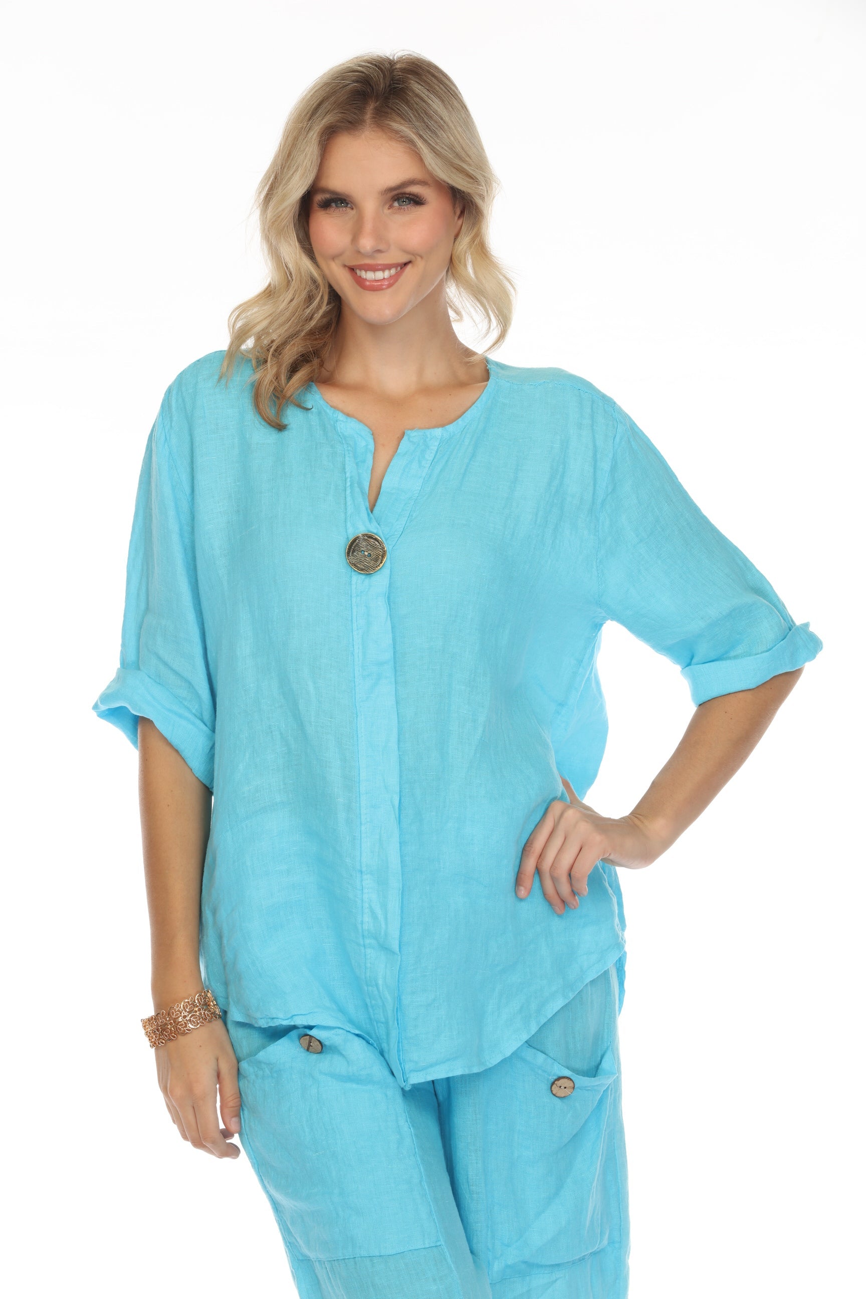 Ocean Blue Bronze Button 3/4 Rollup Sleeves Top