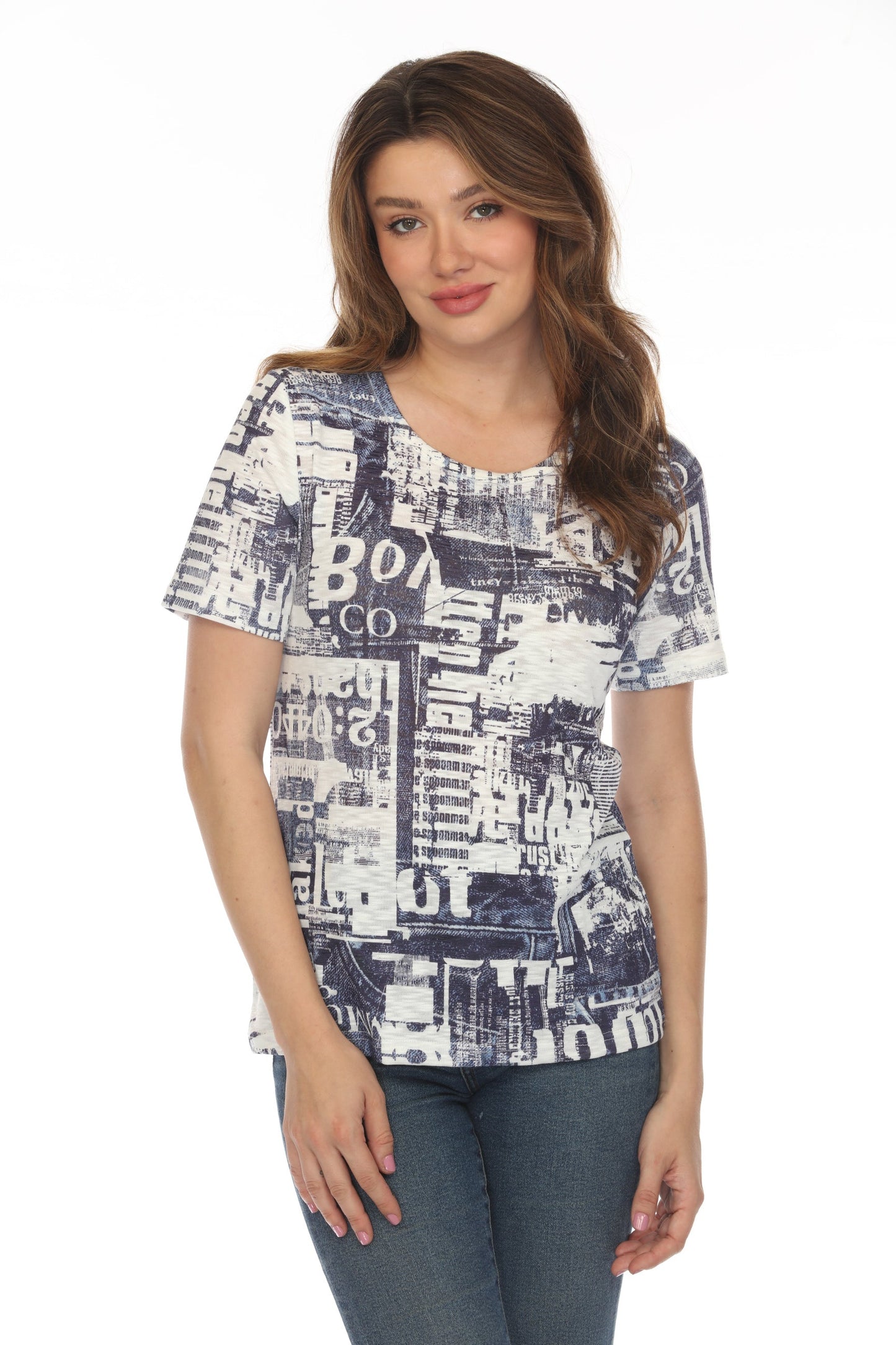 White Navy Graphic Design Print Top