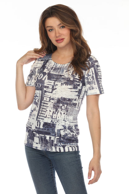 White Navy Graphic Design Print Top