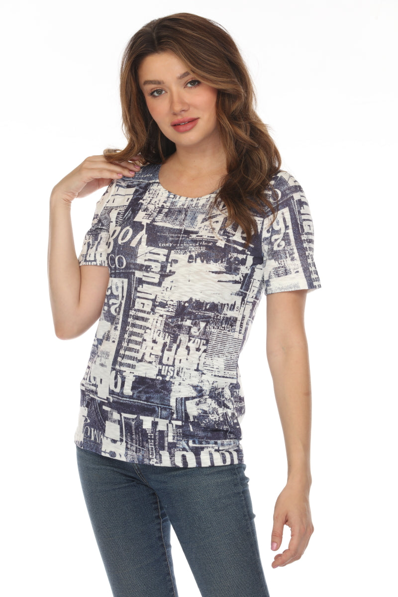 White Navy Graphic Design Print Top