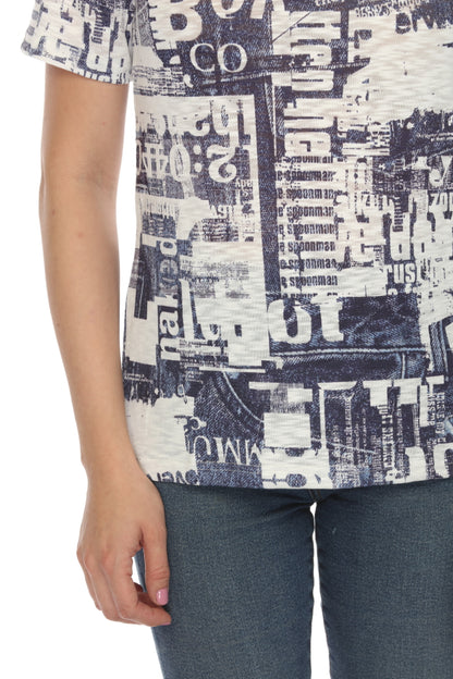 White Navy Graphic Design Print Top