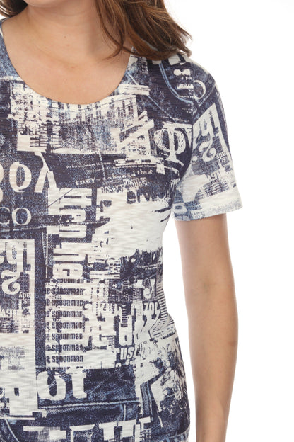 White Navy Graphic Design Print Top