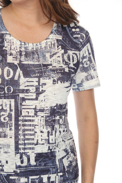 White Navy Graphic Design Print Top