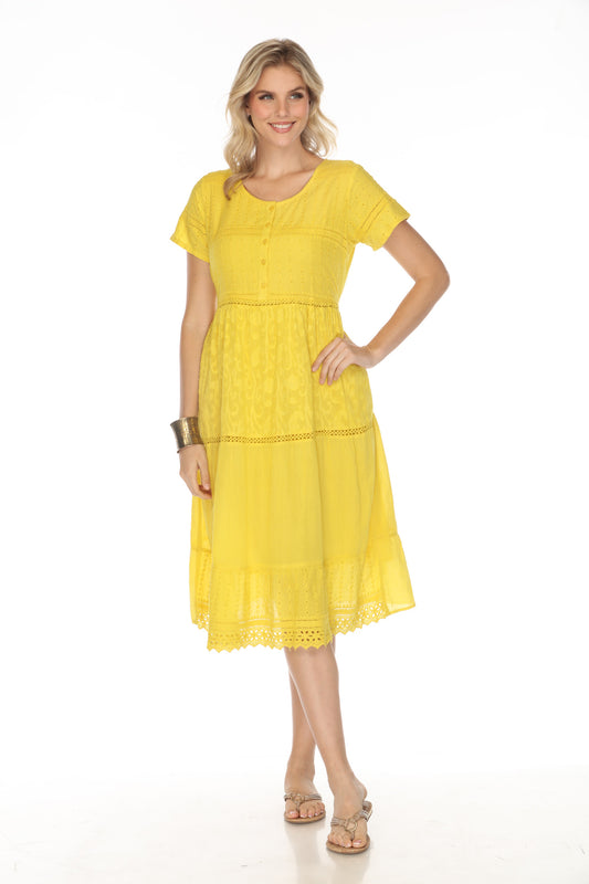 Yellow 100% Cotton designer dress with pockets