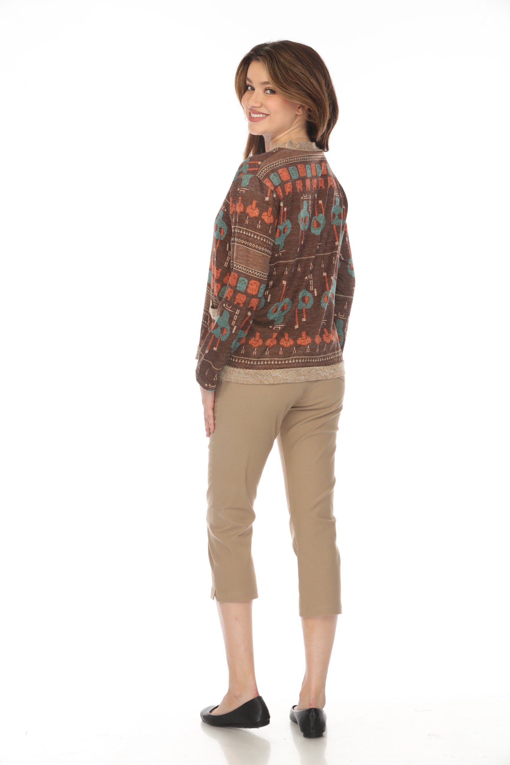 Brown Figure Print Button Up Sweater/Cardigan