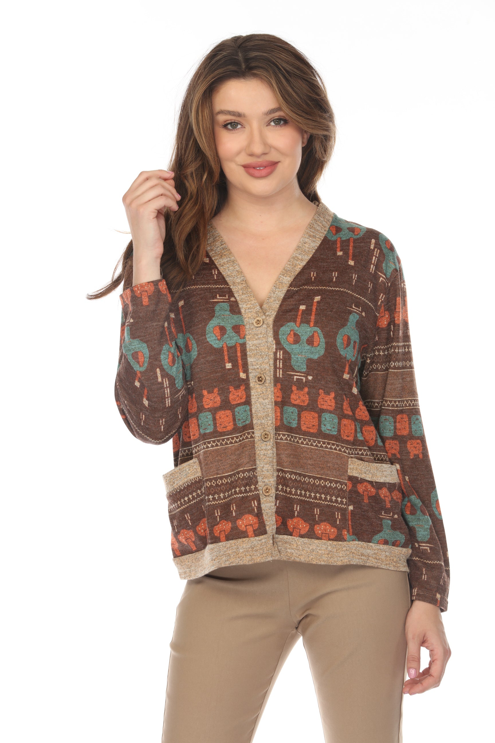 Brown Figure Print Button Up Sweater/Cardigan