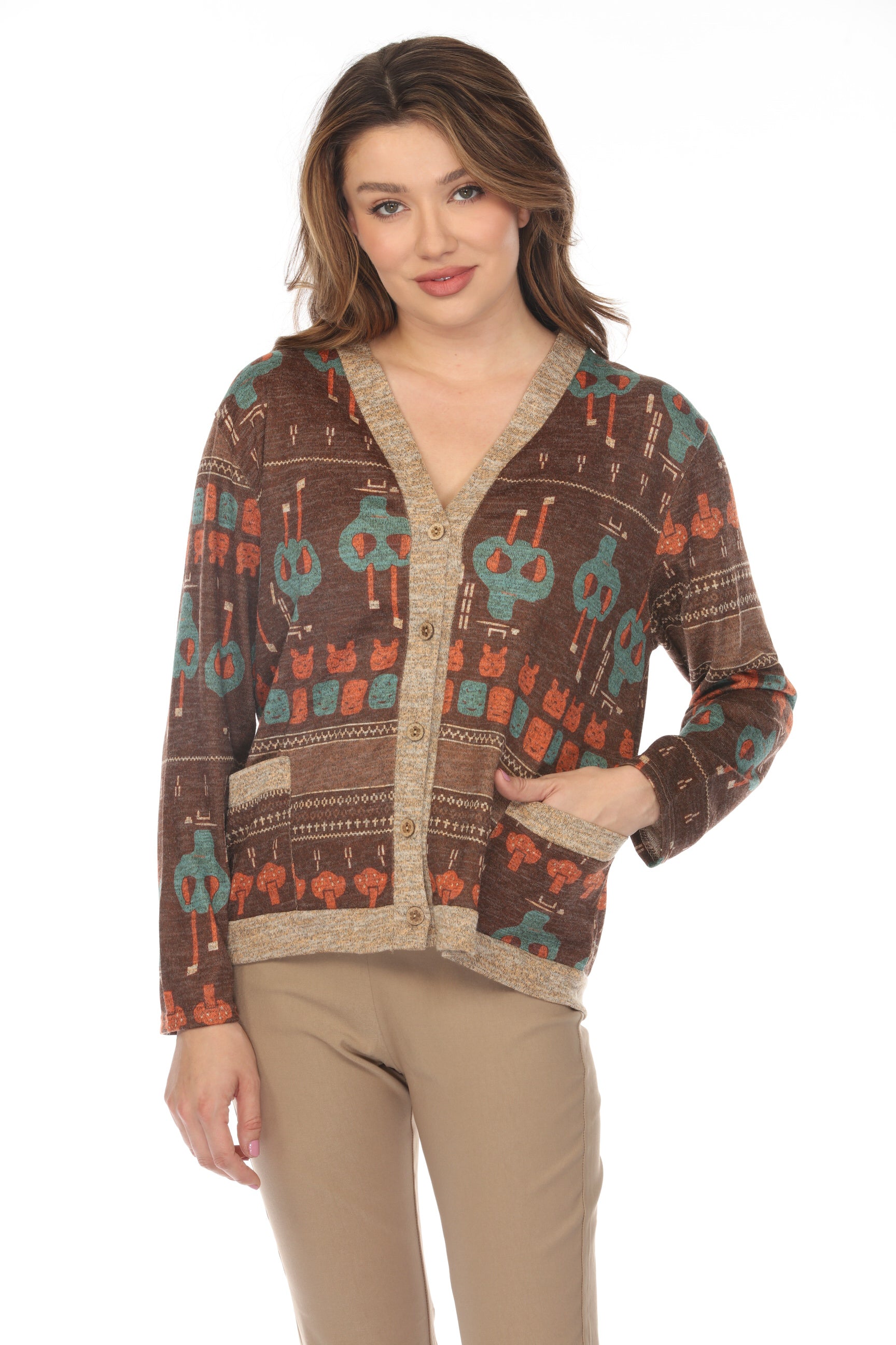 Brown Figure Print Button Up Sweater/Cardigan