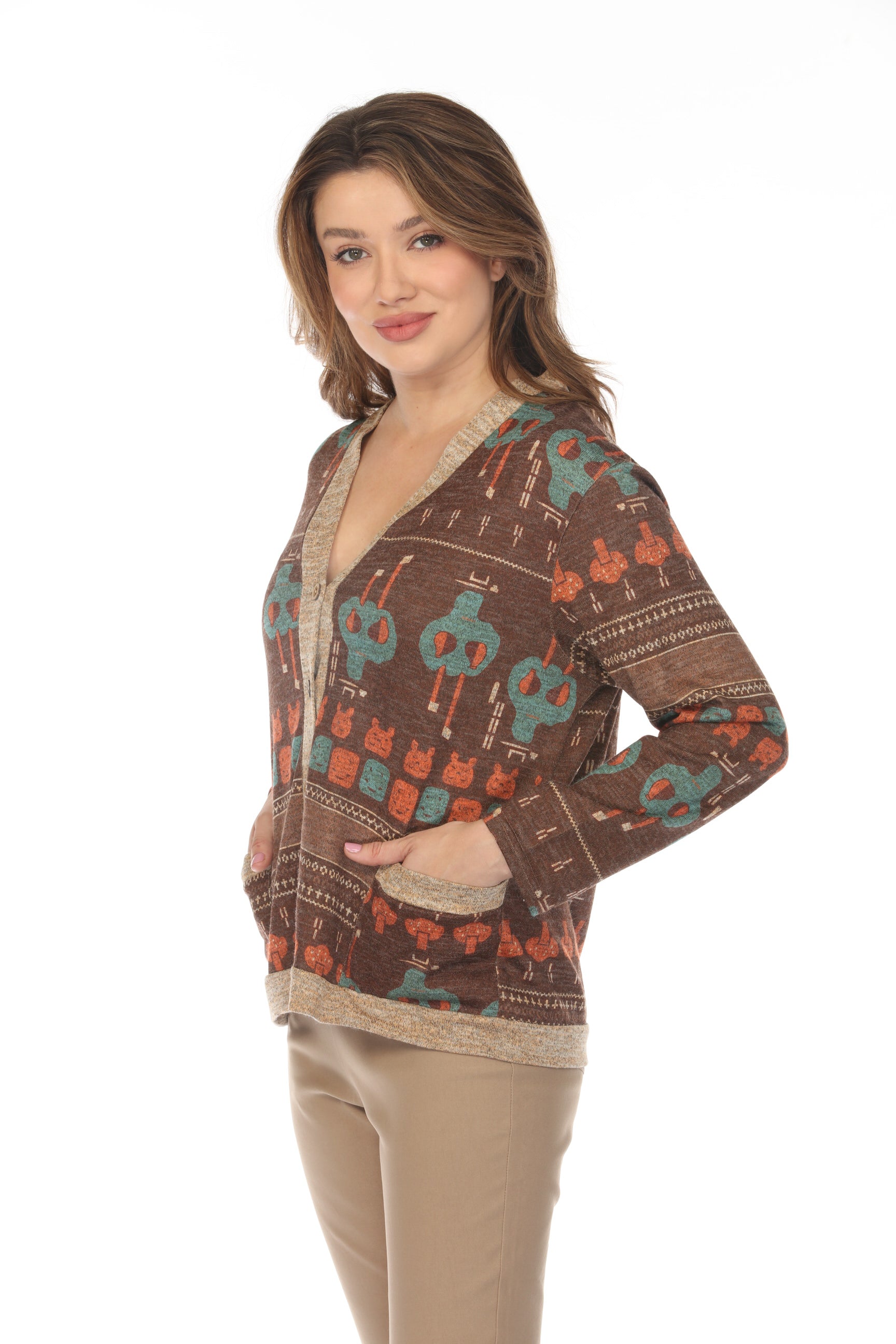 Brown Figure Print Button Up Sweater/Cardigan