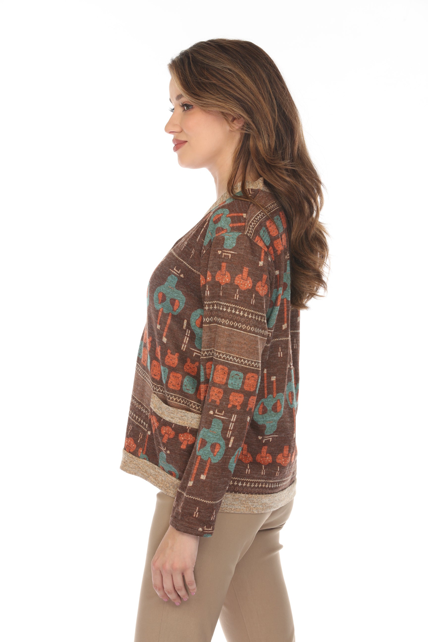 Brown Figure Print Button Up Sweater/Cardigan