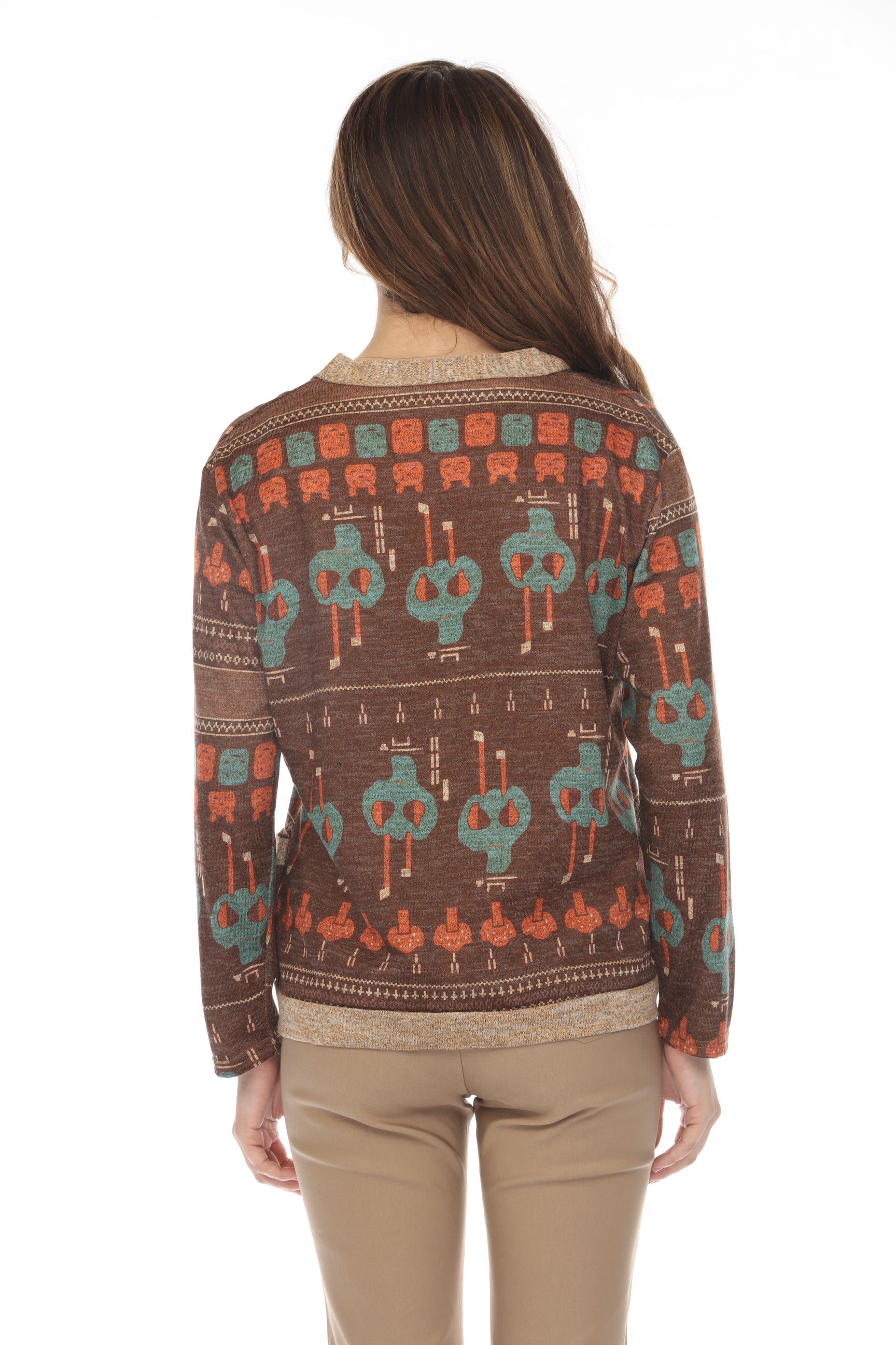 Brown Figure Print Button Up Sweater/Cardigan