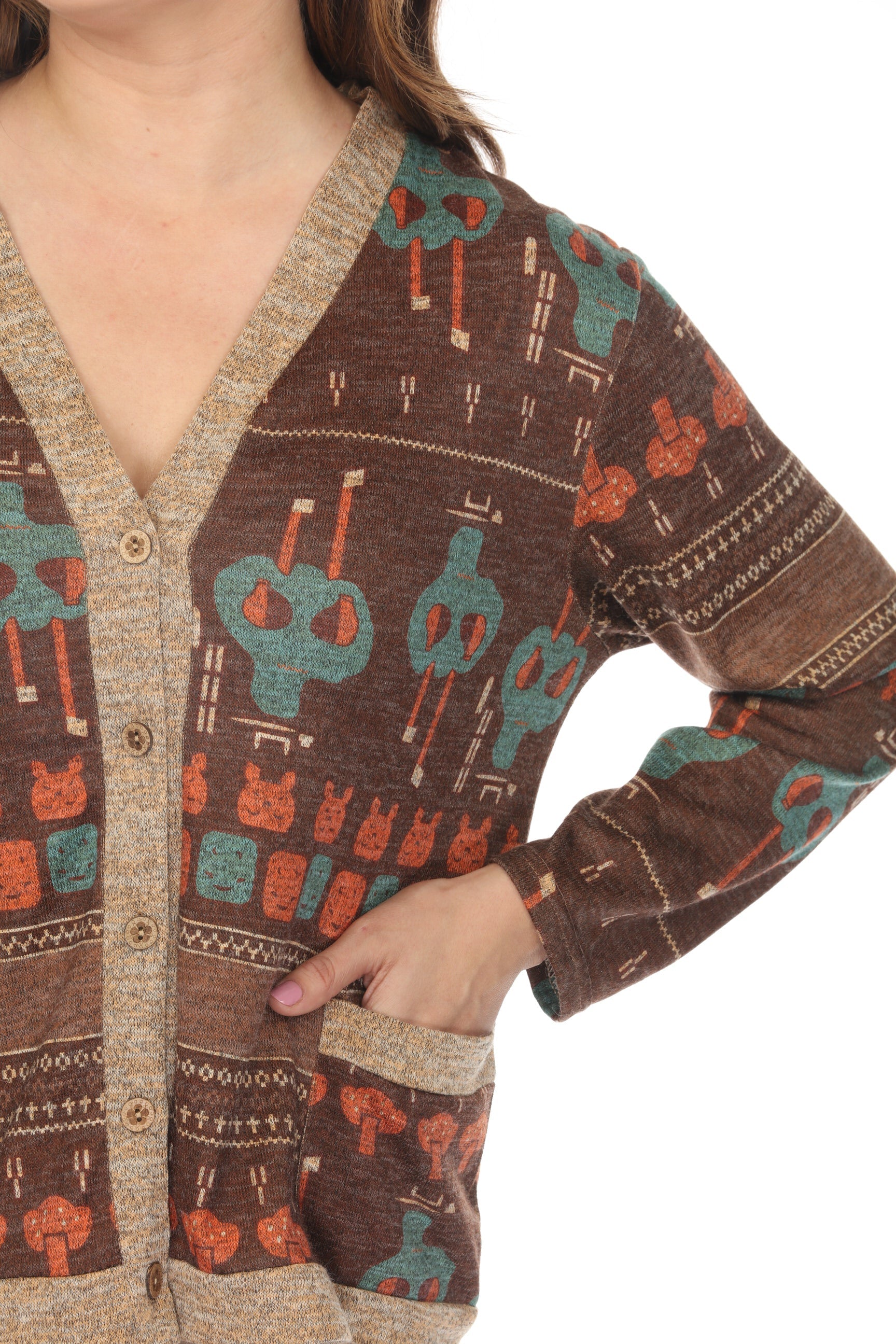 Brown Figure Print Button Up Sweater/Cardigan