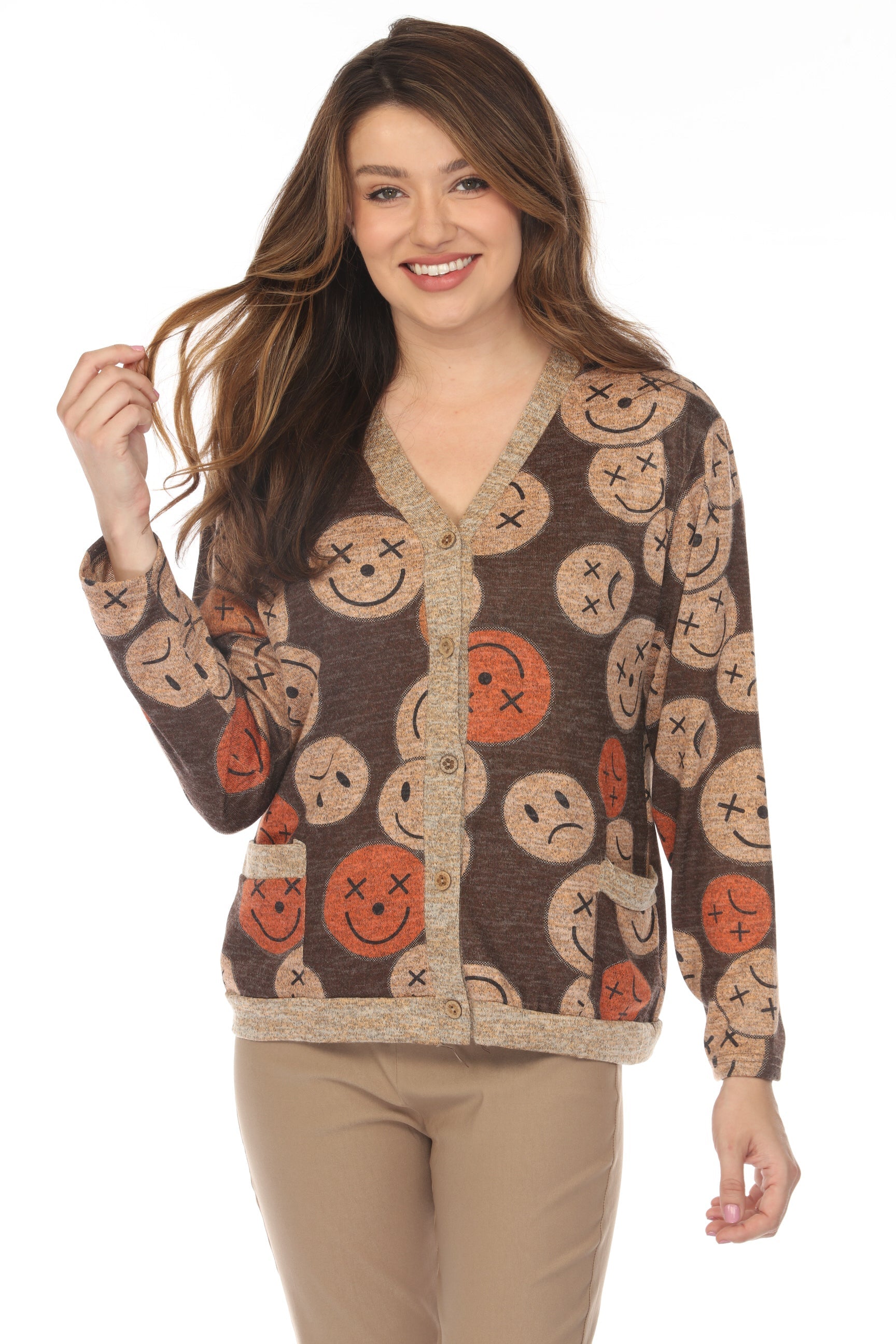 Smiley Face Print Button Up Sweater/ Cardigan