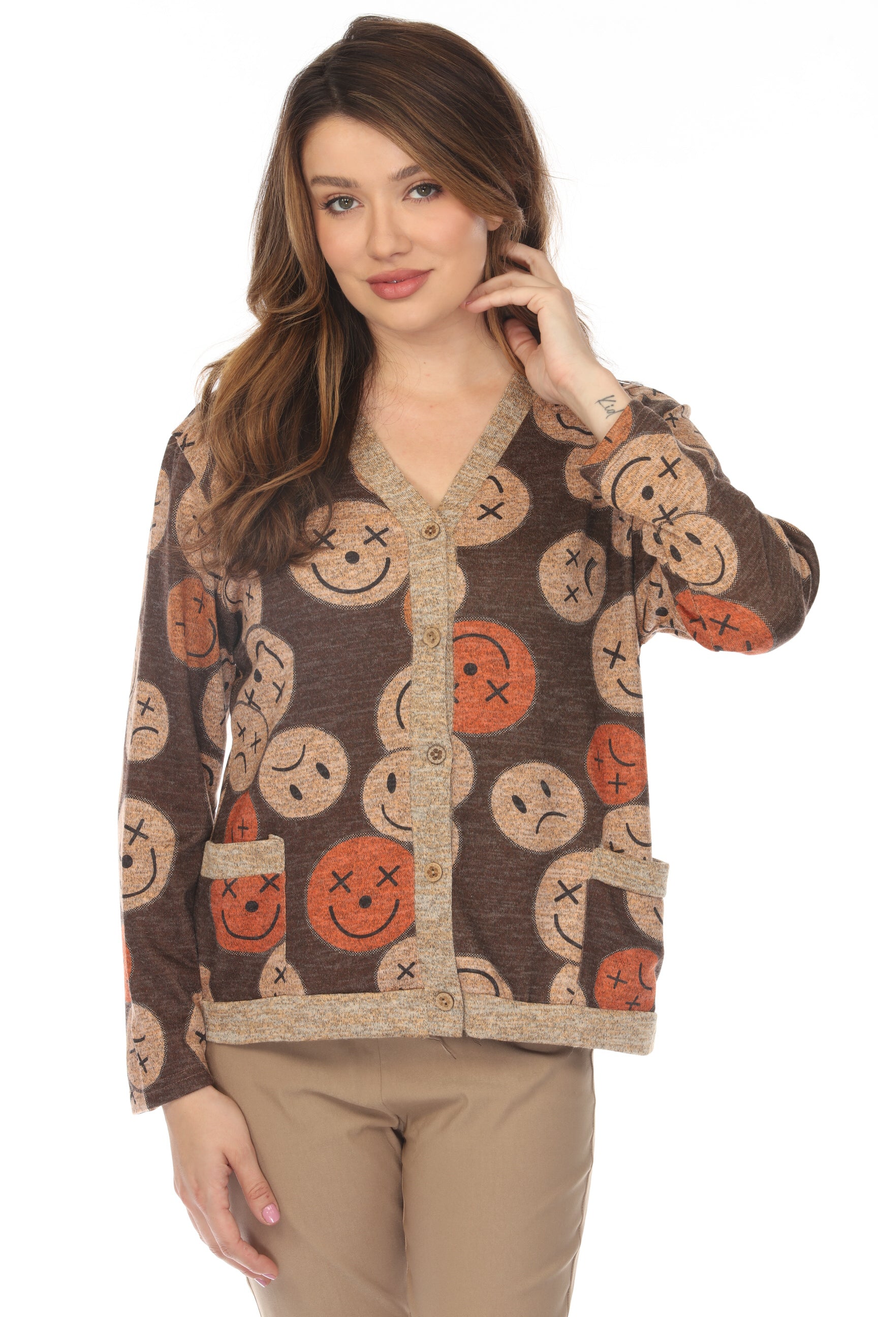 Smiley Face Print Button Up Sweater/ Cardigan