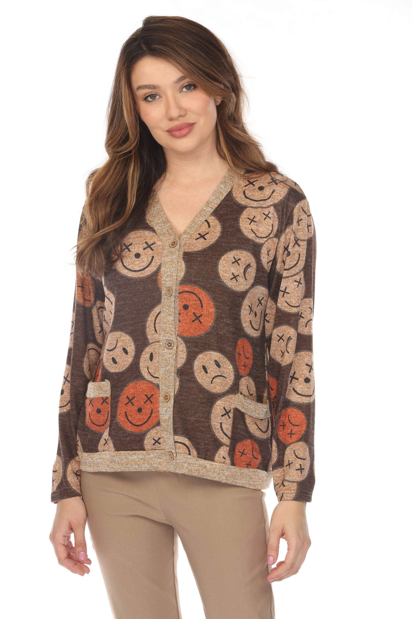 Smiley Face Print Button Up Sweater/ Cardigan